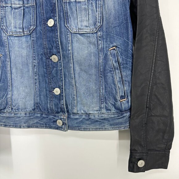 Express  Denim Jean Jacket S Womens Black Faux Leather Long Sleeves Medium Wash - Picture 4 of 7
